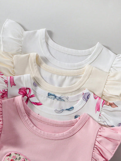3 Sets Baby Girl Fashion Heart T-Shirt Top With Heart Print Shorts, Leopard Bow T-Shirt Top With Leopard Print Shorts, Floral Print Crew Neck Short Sleeve T-Shirt Top With Flower Print Shorts Multi-Pi