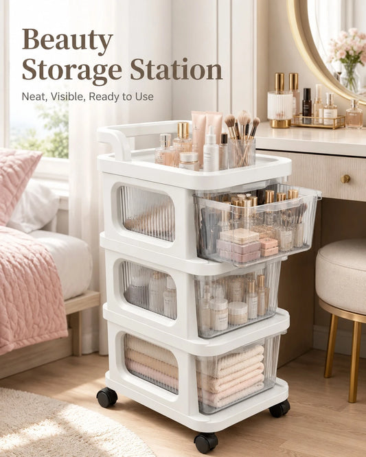 3-Tier Stackable Rolling Storage Cart With Clear Pull-Out Drawers & Top Handle, Space-Saving Mobile Plastic Organizer With Wheels For Bedroom, Bathroom, Dorm, Office & Closet, White