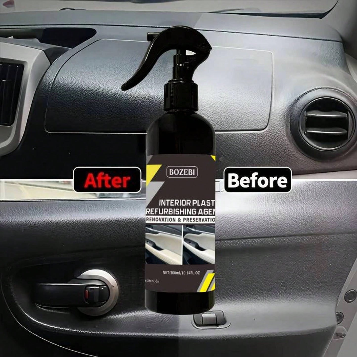 300ml/10.14fl.Oz BOZEBI Multi-Functional Car Interior Refurbishing Agent, Large Capacity, Long-Lasting Protection, Suitable For Car Interiors, Steering Wheel, Plastic, Dashboard, Fabric, And Seats- A