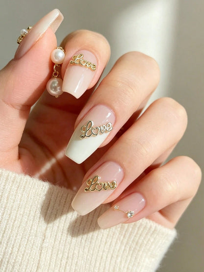 30PCS/20PCS/10PCS Metal Heart Nail Charms, Hollow Cursive Letter Nail Studs, Gold Silver 2 Colors 3D Alloy Nail Rhinestones, Romantic Valentines Nail Decorations For DIY Press On Nails Manicure Access