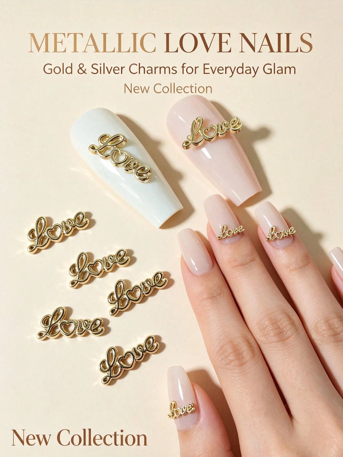 30PCS/20PCS/10PCS Metal Heart Nail Charms, Hollow Cursive Letter Nail Studs, Gold Silver 2 Colors 3D Alloy Nail Rhinestones, Romantic Valentines Nail Decorations For DIY Press On Nails Manicure Access