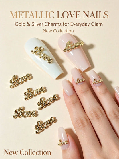 30PCS/20PCS/10PCS Metal Heart Nail Charms, Hollow Cursive Letter Nail Studs, Gold Silver 2 Colors 3D Alloy Nail Rhinestones, Romantic Valentines Nail Decorations For DIY Press On Nails Manicure Access