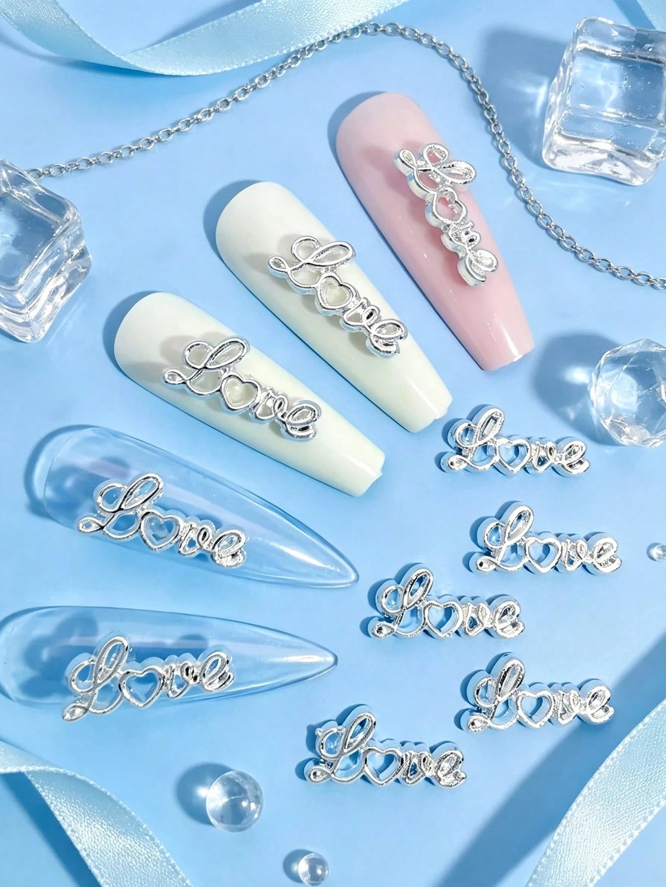 30PCS/20PCS/10PCS Metal Heart Nail Charms, Hollow Cursive Letter Nail Studs, Gold Silver 2 Colors 3D Alloy Nail Rhinestones, Romantic Valentines Nail Decorations For DIY Press On Nails Manicure Access