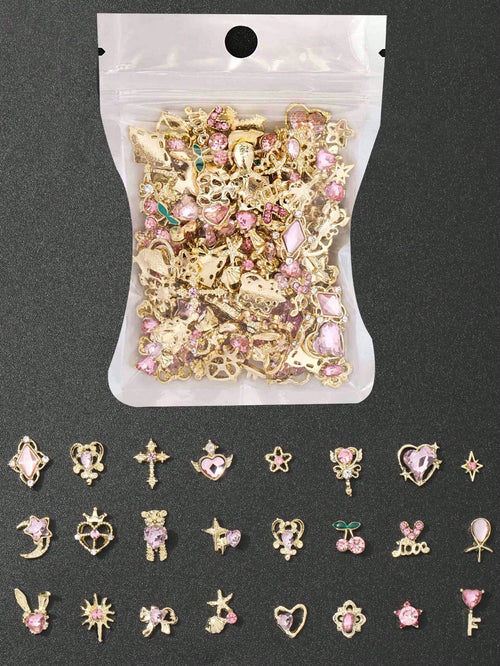 30pcs Random Gold & Pink Nail Charms, Style Shiny Crystal Nail Art Charms, 3D Heart Bow Star Cherry Crown Butterfly Flower Nail Decorations, Gold Nail Art Charms For Women And Girls, Nail DIY Supplies