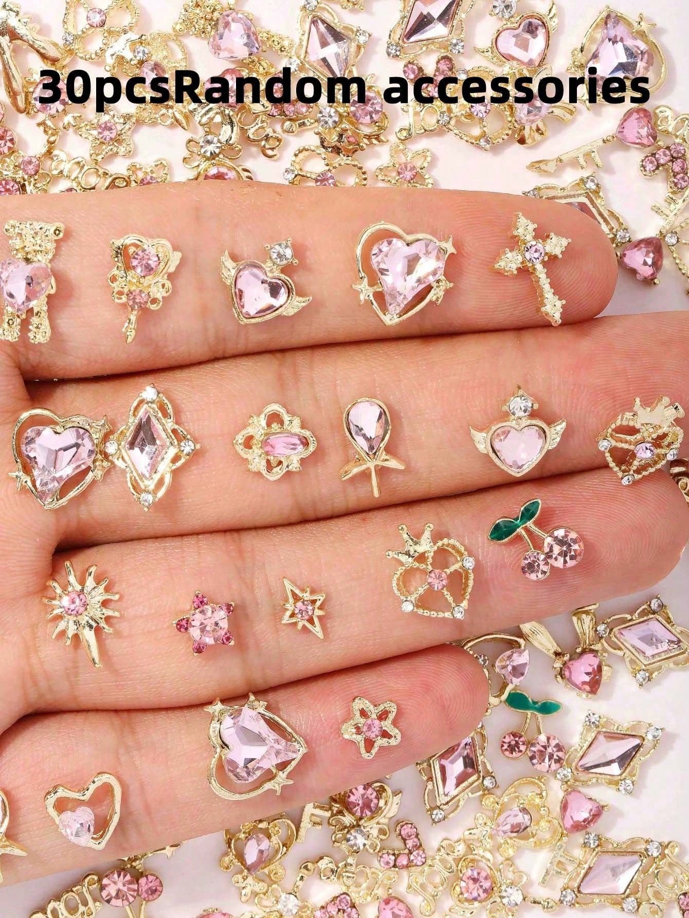 30pcs Random Gold & Pink Nail Charms, Style Shiny Crystal Nail Art Charms, 3D Heart Bow Star Cherry Crown Butterfly Flower Nail Decorations, Gold Nail Art Charms For Women And Girls, Nail DIY Supplies