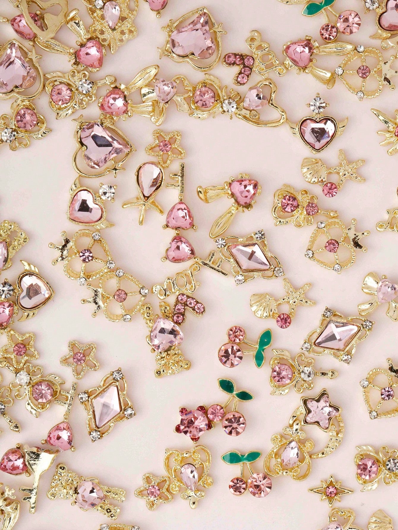30pcs Random Gold & Pink Nail Charms, Style Shiny Crystal Nail Art Charms, 3D Heart Bow Star Cherry Crown Butterfly Flower Nail Decorations, Gold Nail Art Charms For Women And Girls, Nail DIY Supplies