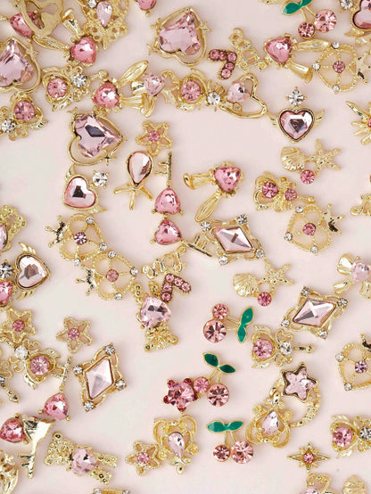 30pcs Random Gold & Pink Nail Charms, Style Shiny Crystal Nail Art Charms, 3D Heart Bow Star Cherry Crown Butterfly Flower Nail Decorations, Gold Nail Art Charms For Women And Girls, Nail DIY Supplies
