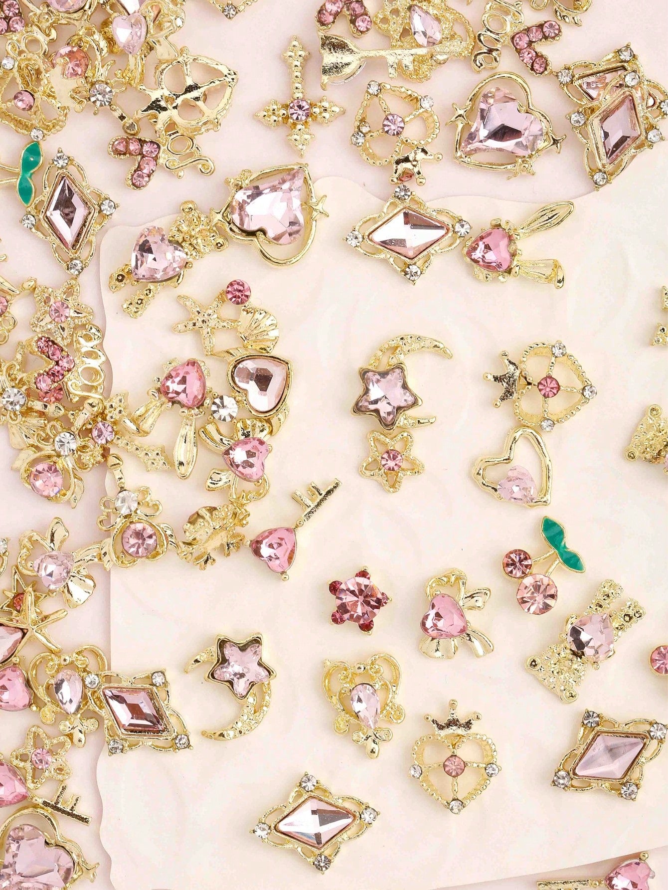 30pcs Random Gold & Pink Nail Charms, Style Shiny Crystal Nail Art Charms, 3D Heart Bow Star Cherry Crown Butterfly Flower Nail Decorations, Gold Nail Art Charms For Women And Girls, Nail DIY Supplies