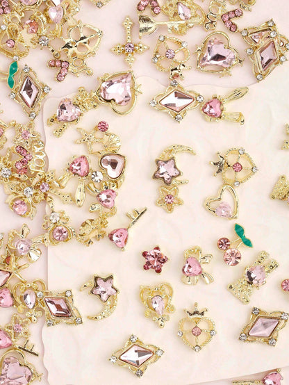 30pcs Random Gold & Pink Nail Charms, Style Shiny Crystal Nail Art Charms, 3D Heart Bow Star Cherry Crown Butterfly Flower Nail Decorations, Gold Nail Art Charms For Women And Girls, Nail DIY Supplies