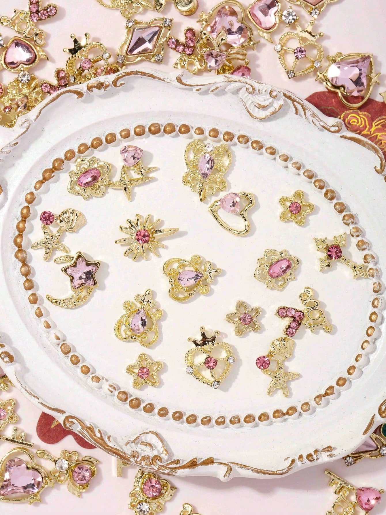 30pcs Random Gold & Pink Nail Charms, Style Shiny Crystal Nail Art Charms, 3D Heart Bow Star Cherry Crown Butterfly Flower Nail Decorations, Gold Nail Art Charms For Women And Girls, Nail DIY Supplies