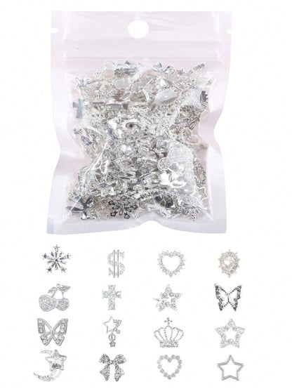 30pcs Random Gold & Pink Nail Charms, Style Shiny Crystal Nail Art Charms, 3D Heart Bow Star Cherry Crown Butterfly Flower Nail Decorations, Gold Nail Art Charms For Women And Girls, Nail DIY Supplies