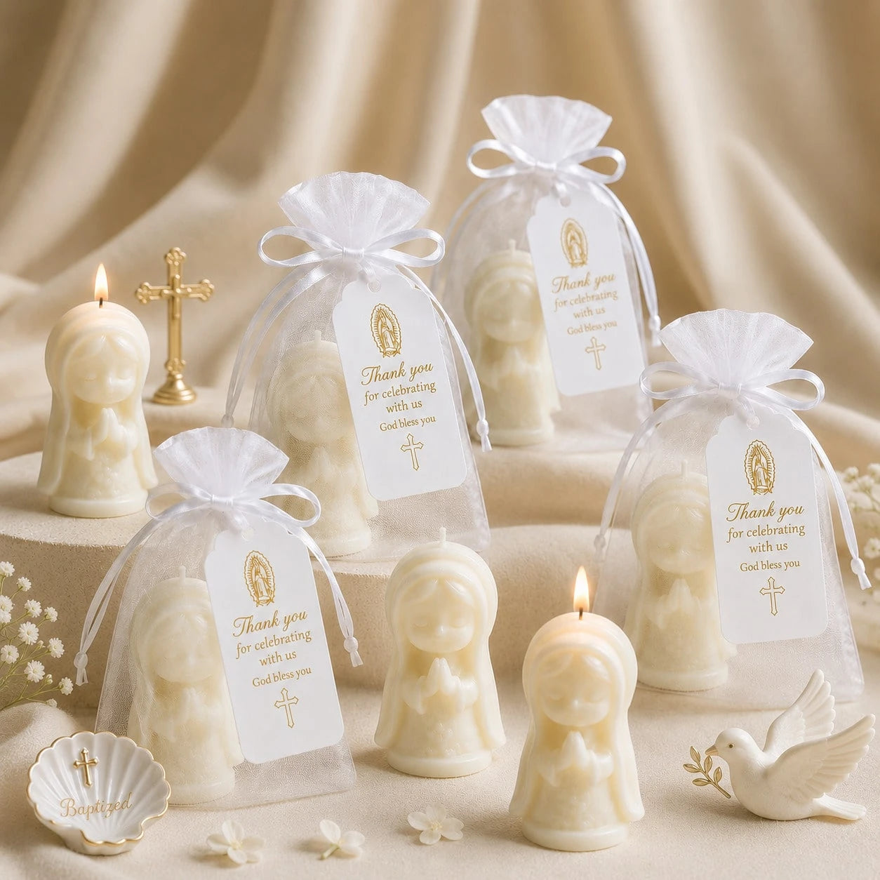 31pcs/10sets Baptism Gifts Virgin Mary Shaped Candles With Packaging Bags And Tags, Christian Baptism, Communion, Baby Shower Party Guest Favors, Church Event Use