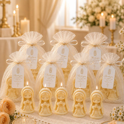 31pcs/10sets Baptism Gifts Virgin Mary Shaped Candles With Packaging Bags And Tags, Christian Baptism, Communion, Baby Shower Party Guest Favors, Church Event Use