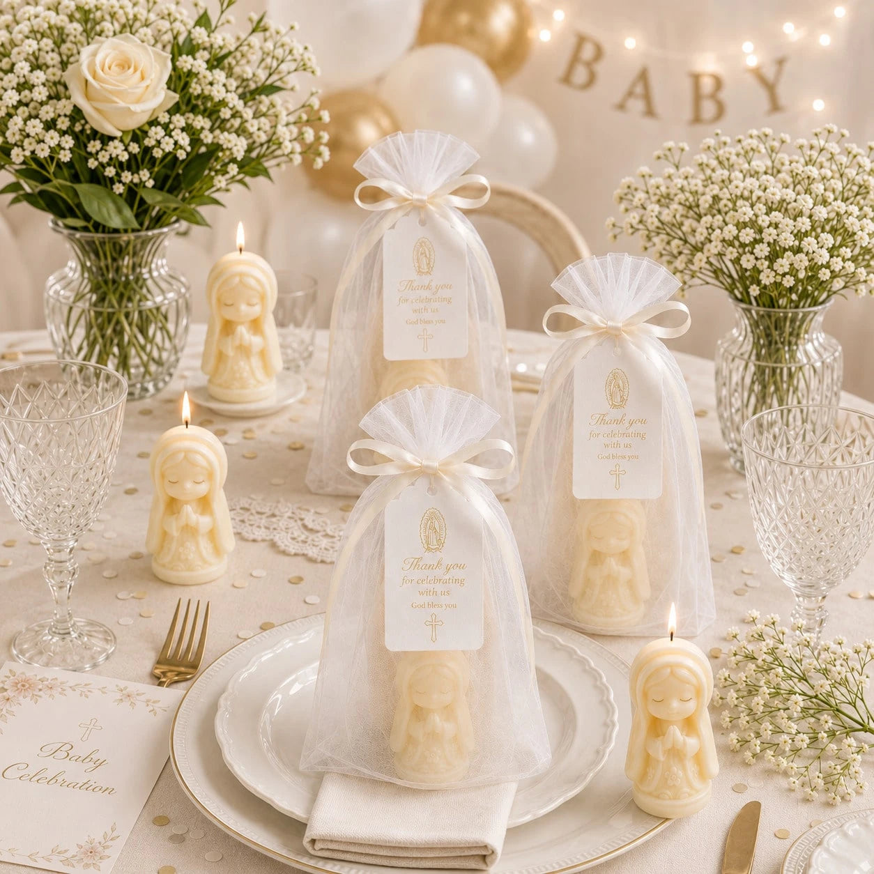 31pcs/10sets Baptism Gifts Virgin Mary Shaped Candles With Packaging Bags And Tags, Christian Baptism, Communion, Baby Shower Party Guest Favors, Church Event Use