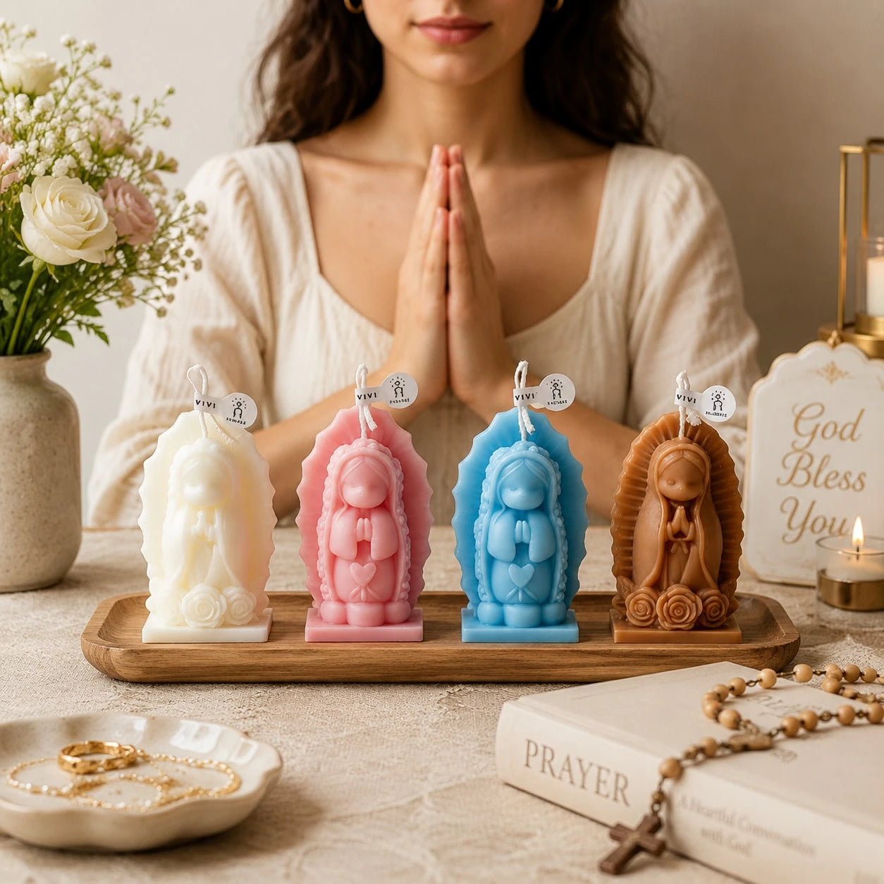 31pcs/10sets Baptism Gifts Virgin Mary Shaped Candles With Packaging Bags And Tags, Christian Baptism, Communion, Baby Shower Party Guest Favors, Church Event Use