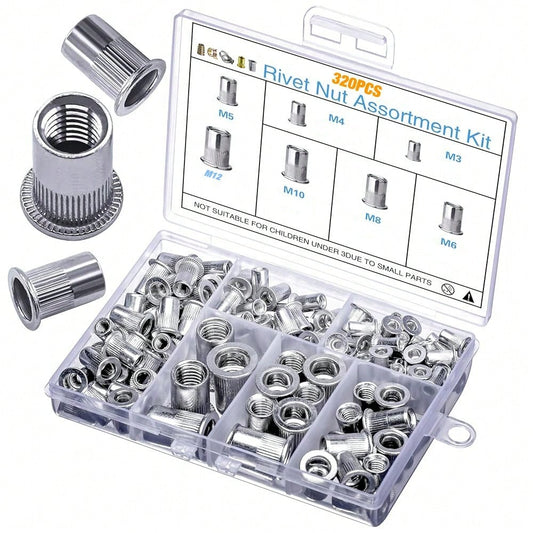 320Pcs Rivet Nut Kit, With 320Pcs L Rivet Nuts, Metric & SAE Assortment Set, Heavy Duty Threaded Insert For Auto Repair & Metalworking, Labor-Saving Hand With Storage Case