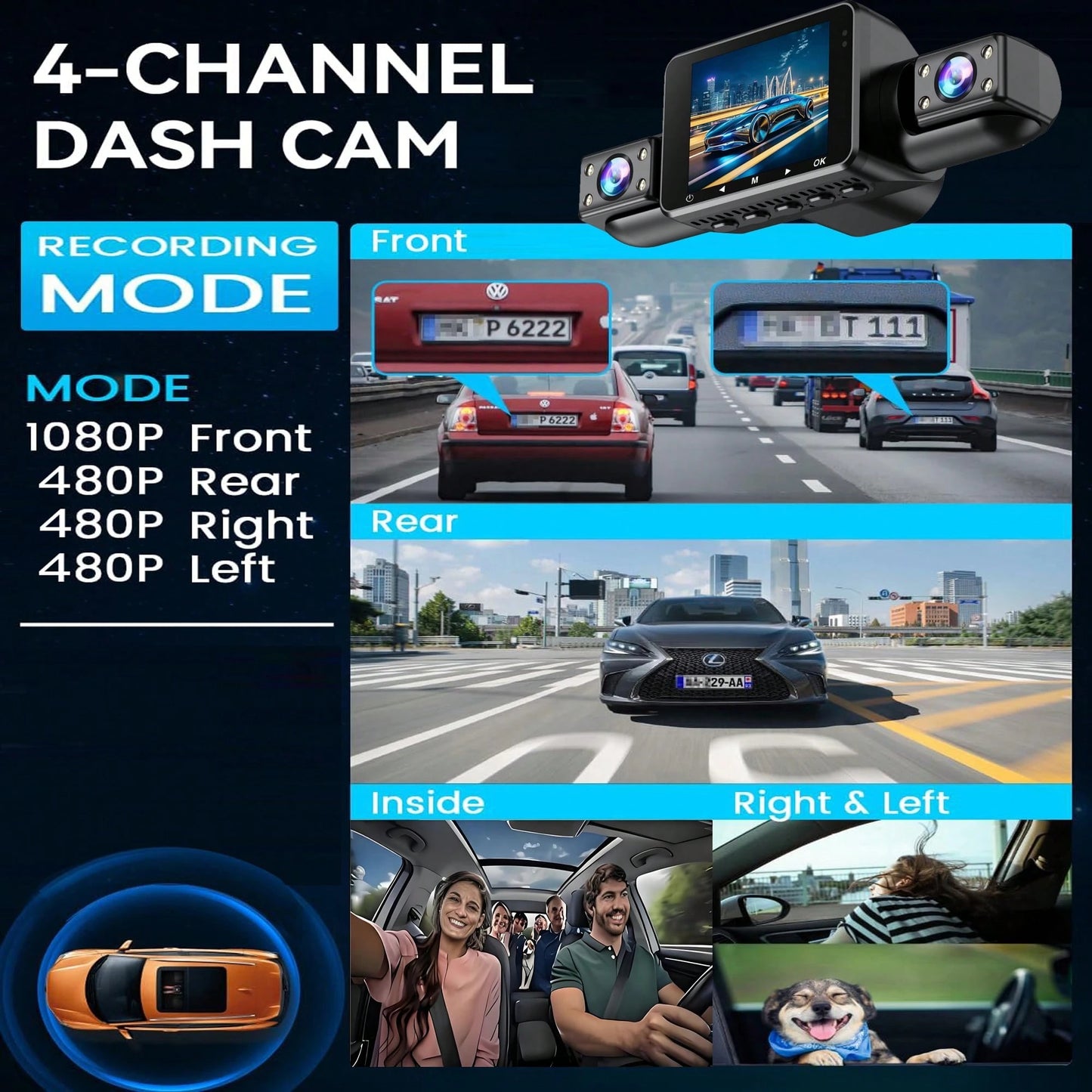 360° Panoramic 4-Channel Dash Cam, Front/Rear/Left/Right Full View Car DVR, FHD Driving Recorder With Loop Recording, 2-Inch Display, SD Card Not Included