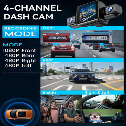 360° Panoramic 4-Channel Dash Cam, Front/Rear/Left/Right Full View Car DVR, FHD Driving Recorder With Loop Recording, 2-Inch Display, SD Card Not Included