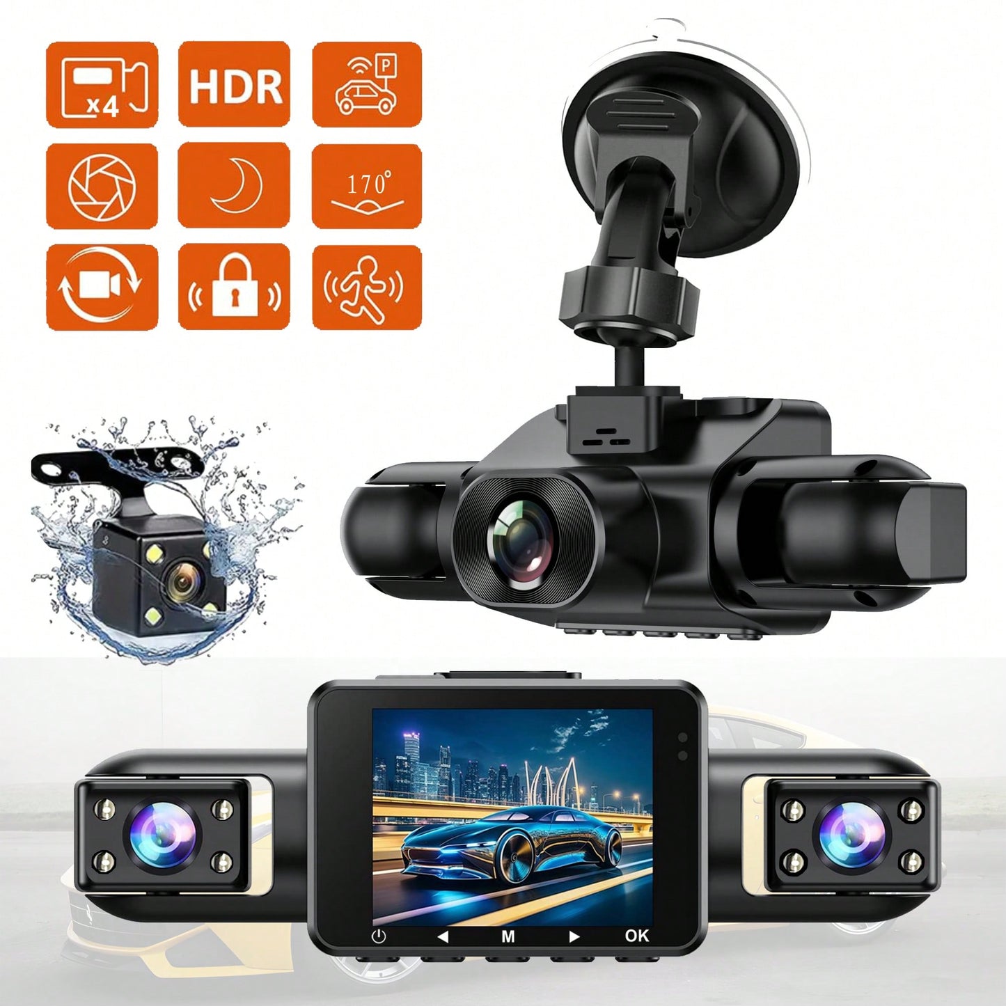 360° Panoramic 4-Channel Dash Cam, Front/Rear/Left/Right Full View Car DVR, FHD Driving Recorder With Loop Recording, 2-Inch Display, SD Card Not Included