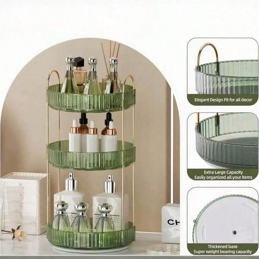 360 Rotating Makeup Organizer And Storage For Vanity Countertop 1Tiers,2 Tiers,3Tiers, High Capacity Cosmetic Skincare Perfume Organizer For Dresser Bathroom  Organizers(Green)