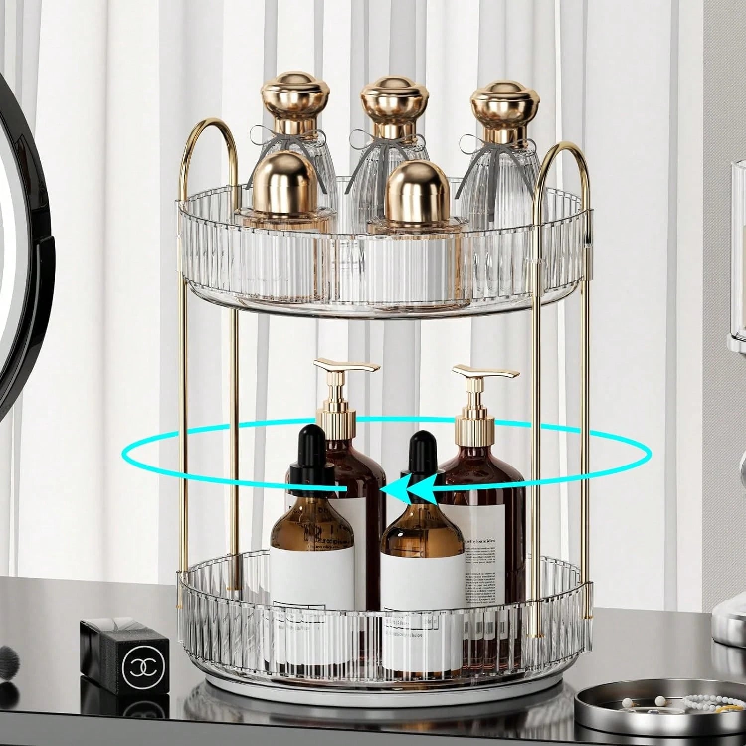 360° Rotating Makeup Organizer For Vanity- 2 Tier Perfume Organizer With Large Capacity- Skincare Organizer For Bathroom Counter- Space-Saving Cosmetic Storage For Dresser Countertop (Clear)