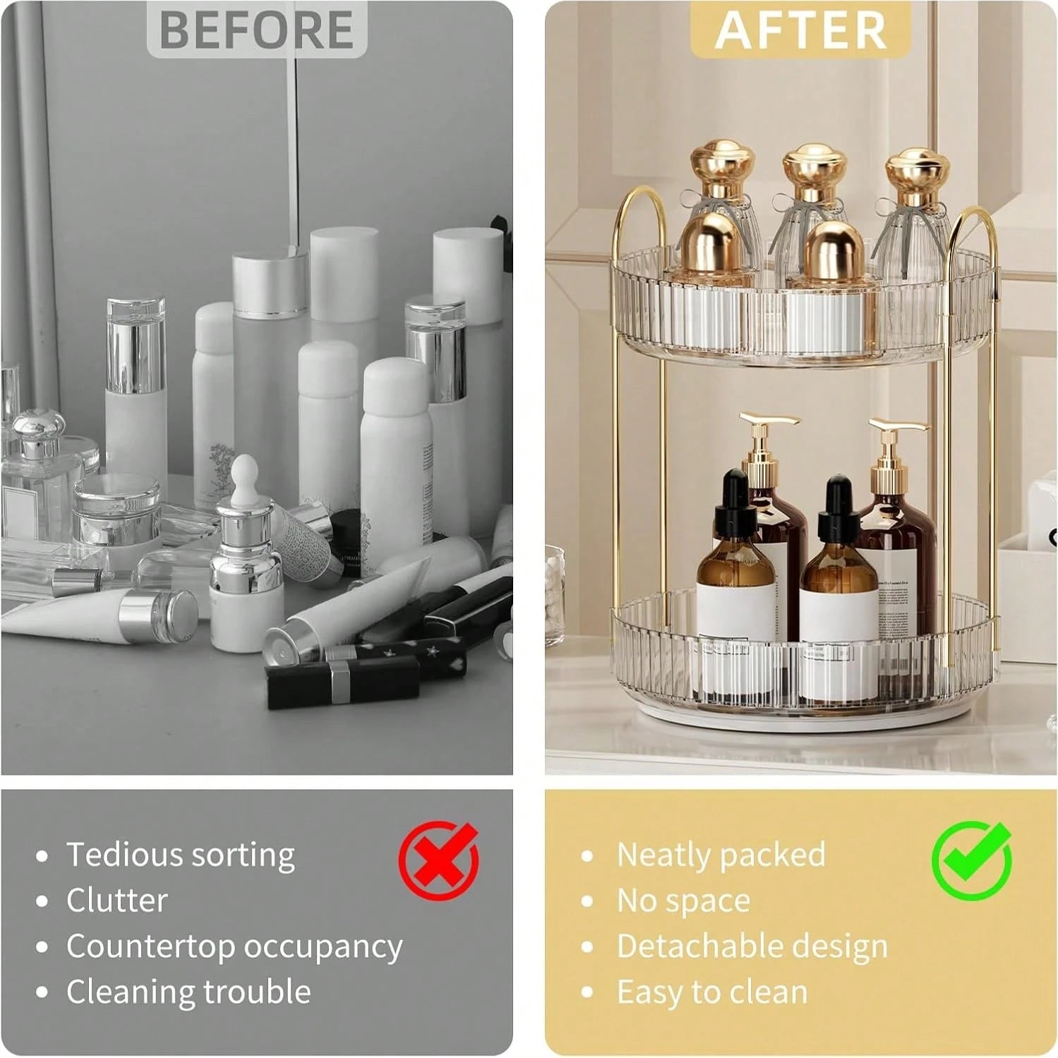 360° Rotating Makeup Organizer For Vanity- 2 Tier Perfume Organizer With Large Capacity- Skincare Organizer For Bathroom Counter- Space-Saving Cosmetic Storage For Dresser Countertop (Clear)