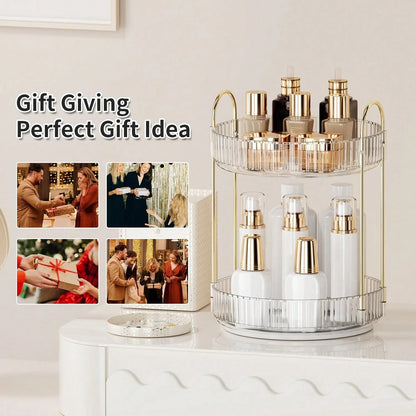 360° Rotating Makeup Organizer For Vanity- 2 Tier Perfume Organizer With Large Capacity- Skincare Organizer For Bathroom Counter- Space-Saving Cosmetic Storage For Dresser Countertop (Clear)