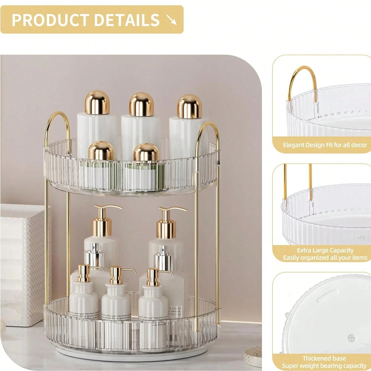 360° Rotating Makeup Organizer For Vanity- 2 Tier Perfume Organizer With Large Capacity- Skincare Organizer For Bathroom Counter- Space-Saving Cosmetic Storage For Dresser Countertop (Clear)