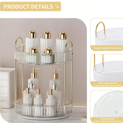 360° Rotating Makeup Organizer For Vanity- 2 Tier Perfume Organizer With Large Capacity- Skincare Organizer For Bathroom Counter- Space-Saving Cosmetic Storage For Dresser Countertop (Clear)