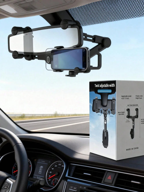 360° Rotation Car Rearview Mirror Phone Mount- Telescopic Anti-Slip, Tool-Free Install Fits 4.0-7.0 Inch Phones For Drive Carefully.