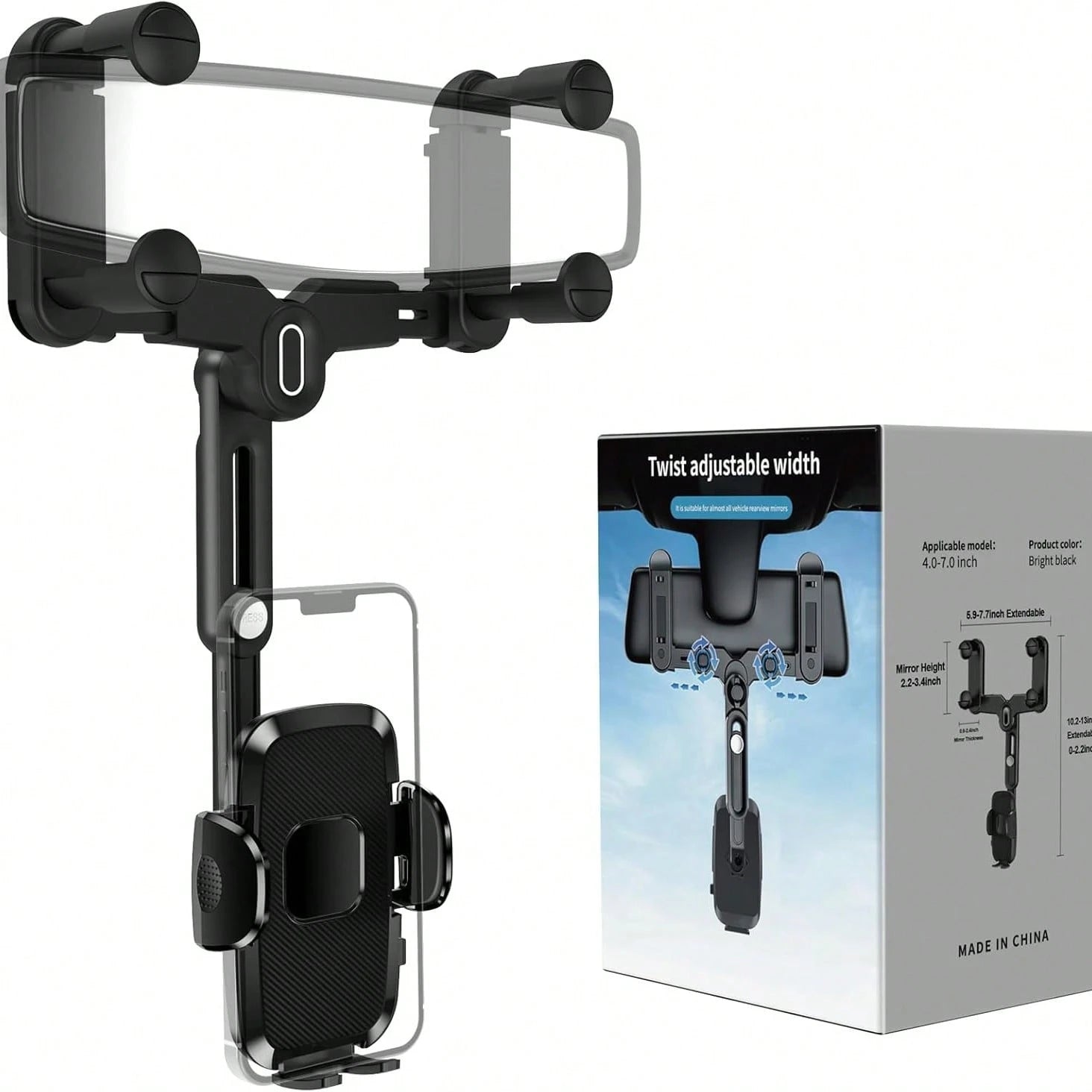 360° Rotation Car Rearview Mirror Phone Mount- Telescopic Anti-Slip, Tool-Free Install Fits 4.0-7.0 Inch Phones For Drive Carefully.
