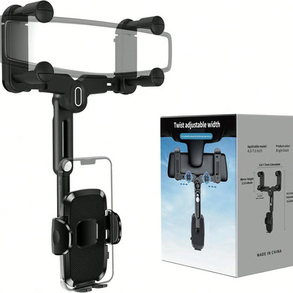 360° Rotation Car Rearview Mirror Phone Mount- Telescopic Anti-Slip, Tool-Free Install Fits 4.0-7.0 Inch Phones For Drive Carefully.