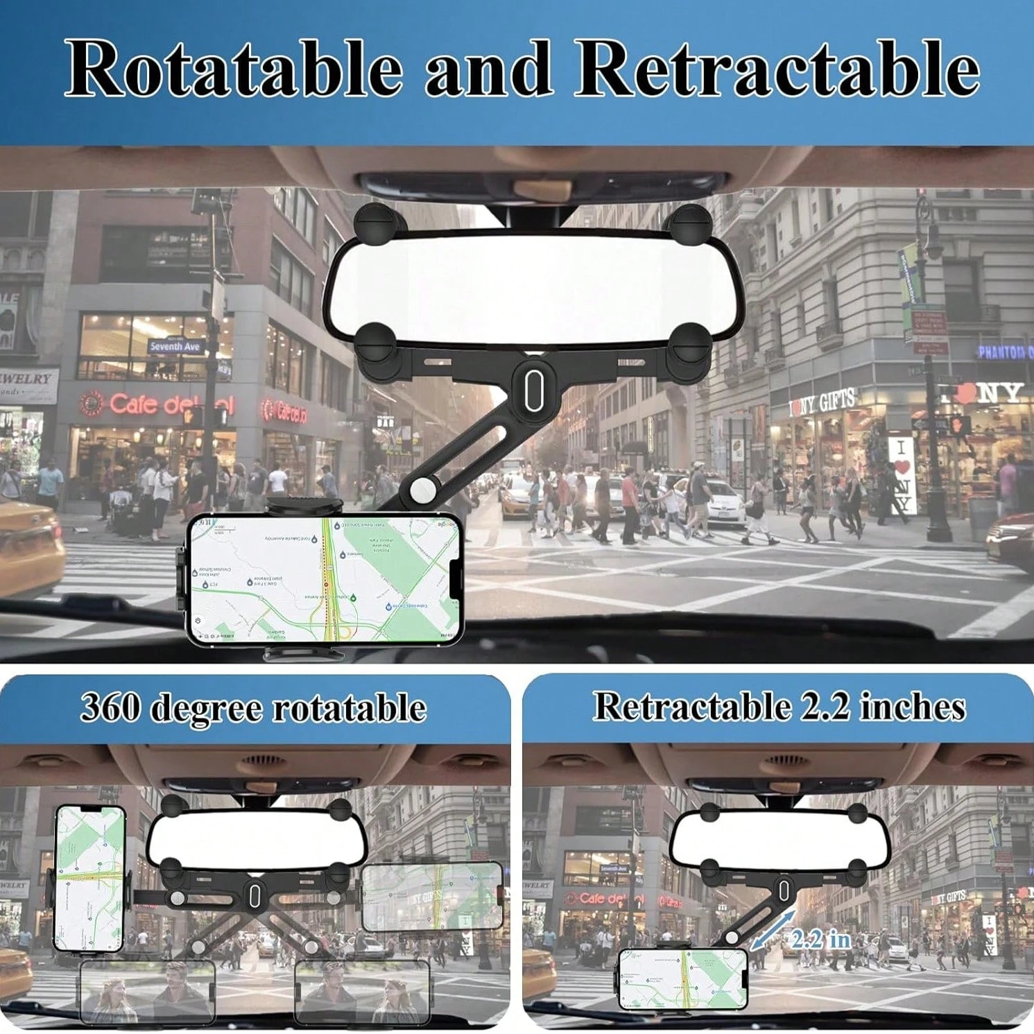 360° Rotation Car Rearview Mirror Phone Mount- Telescopic Anti-Slip, Tool-Free Install Fits 4.0-7.0 Inch Phones For Drive Carefully.