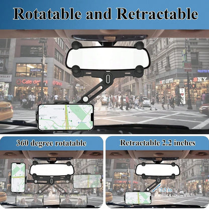 360° Rotation Car Rearview Mirror Phone Mount- Telescopic Anti-Slip, Tool-Free Install Fits 4.0-7.0 Inch Phones For Drive Carefully.