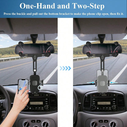 360° Rotation Car Rearview Mirror Phone Mount- Telescopic Anti-Slip, Tool-Free Install Fits 4.0-7.0 Inch Phones For Drive Carefully.