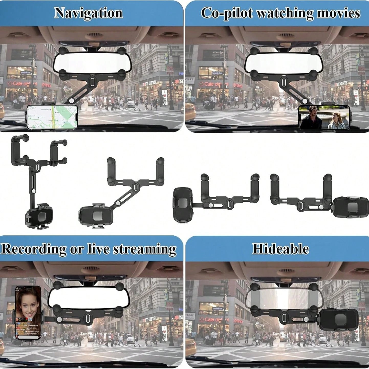 360° Rotation Car Rearview Mirror Phone Mount- Telescopic Anti-Slip, Tool-Free Install Fits 4.0-7.0 Inch Phones For Drive Carefully.