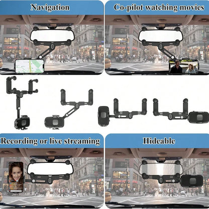 360° Rotation Car Rearview Mirror Phone Mount- Telescopic Anti-Slip, Tool-Free Install Fits 4.0-7.0 Inch Phones For Drive Carefully.