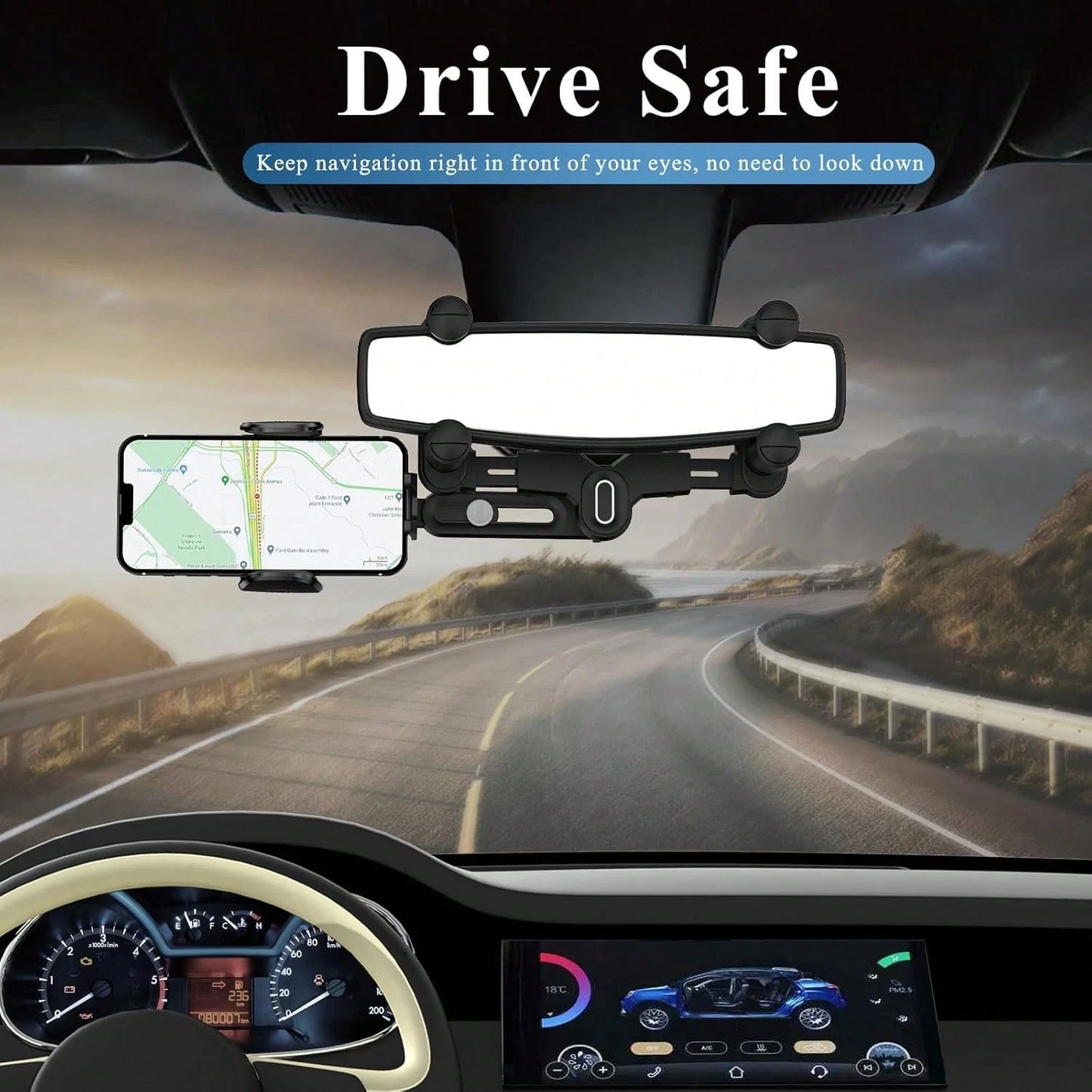 360° Rotation Car Rearview Mirror Phone Mount- Telescopic Anti-Slip, Tool-Free Install Fits 4.0-7.0 Inch Phones For Drive Carefully.
