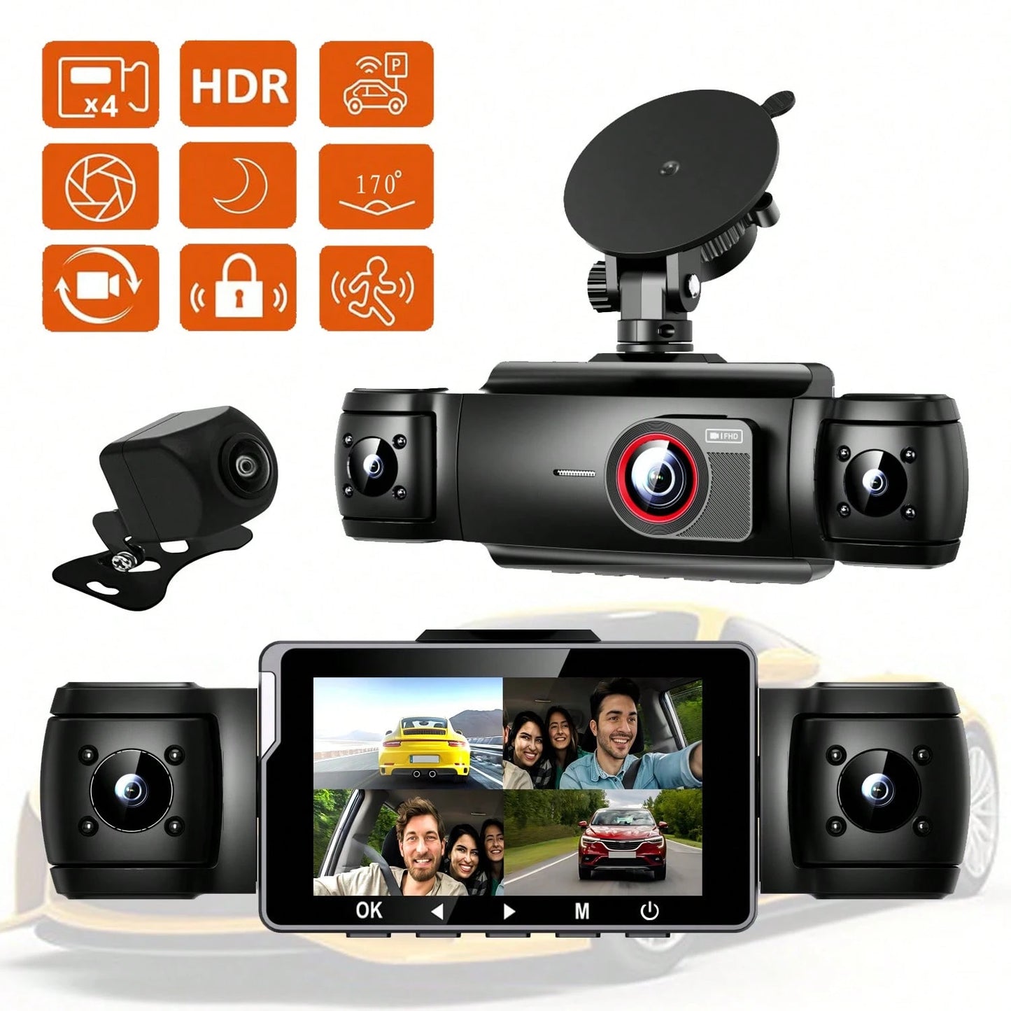 360° View 4 Channel 2K Dash Cam, Dash Camera For Cars Front And Rear Inside Left Right,FHD DVR Car Dashboard Camera With Loop Recording,3 Inch Display,Not Included SD Card