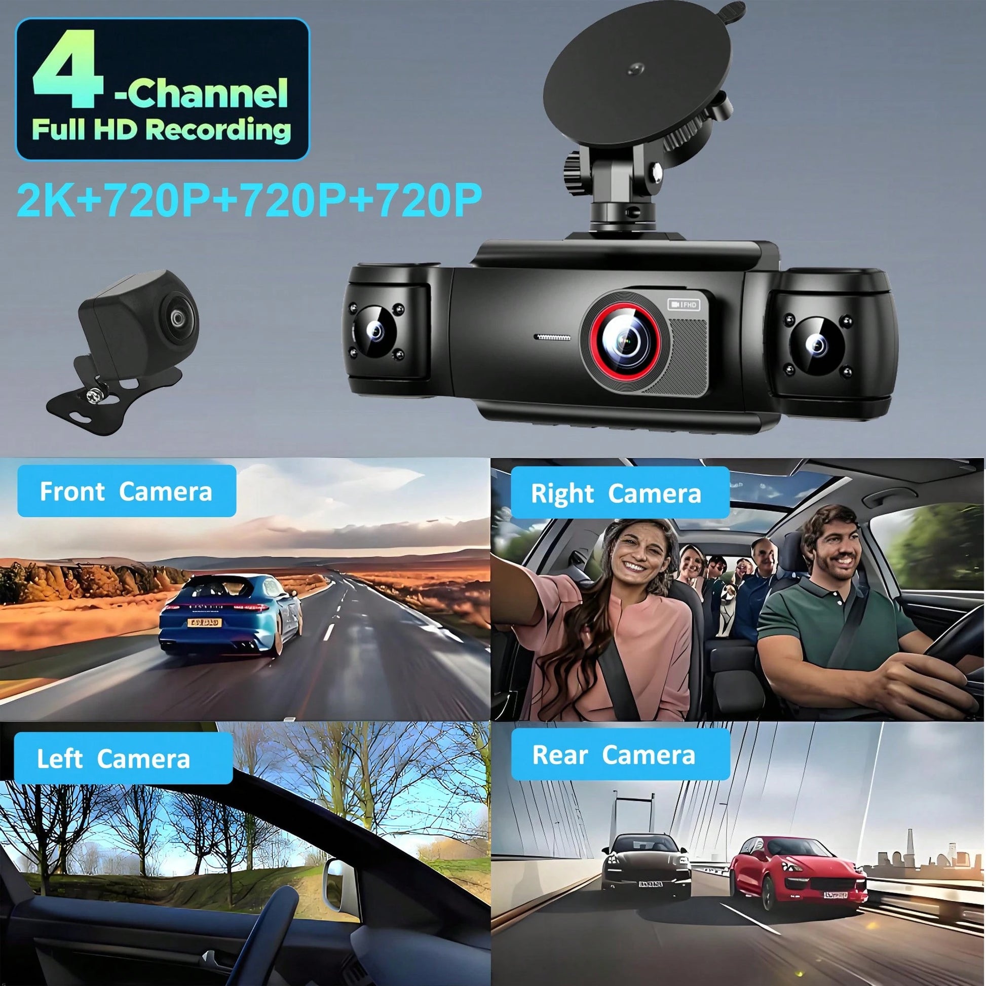 360° View 4 Channel 2K Dash Cam, Dash Camera For Cars Front And Rear Inside Left Right,FHD DVR Car Dashboard Camera With Loop Recording,3 Inch Display,Not Included SD Card