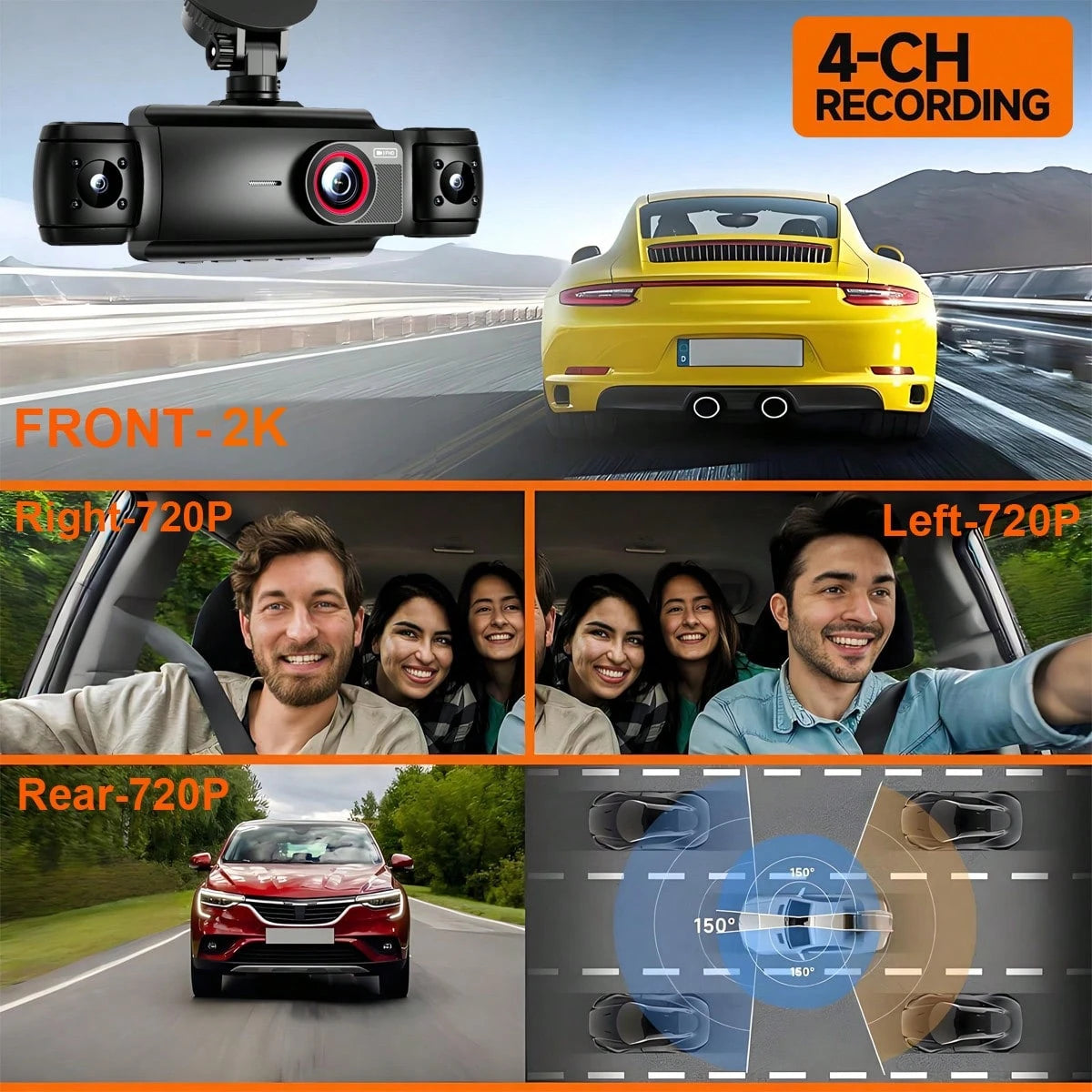360° View 4 Channel 2K Dash Cam, Dash Camera For Cars Front And Rear Inside Left Right,FHD DVR Car Dashboard Camera With Loop Recording,3 Inch Display,Not Included SD Card