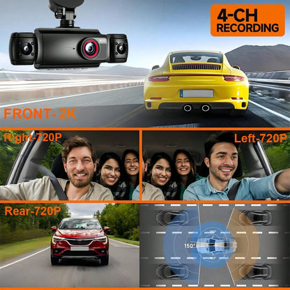 360° View 4 Channel 2K Dash Cam, Dash Camera For Cars Front And Rear Inside Left Right,FHD DVR Car Dashboard Camera With Loop Recording,3 Inch Display,Not Included SD Card