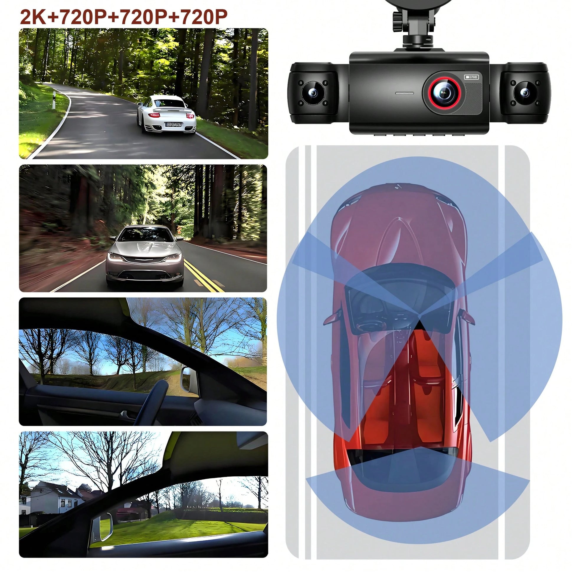 360° View 4 Channel 2K Dash Cam, Dash Camera For Cars Front And Rear Inside Left Right,FHD DVR Car Dashboard Camera With Loop Recording,3 Inch Display,Not Included SD Card