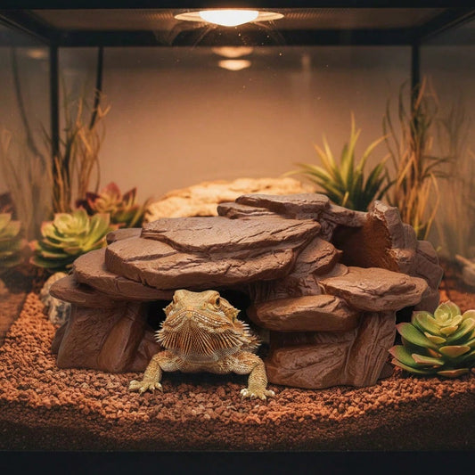 3D Printed Imitation Black Rock Cave Hideout, Dual Use For Fish Tank/Reptile Terrarium, Shelter For Fish, Shrimp, Gecko, Lizard, Natural Landscape Style Decor, 3D Printed Material, Achieves Dual Effec