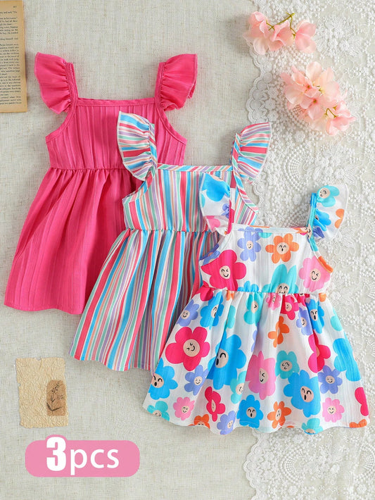 3pcs Baby Girl White Floral Summer Cute Holiday Ruffle Sleeve Dress Set Rainbow Striped Print & Solid Color Dress For Party Vacation & Daily Wear