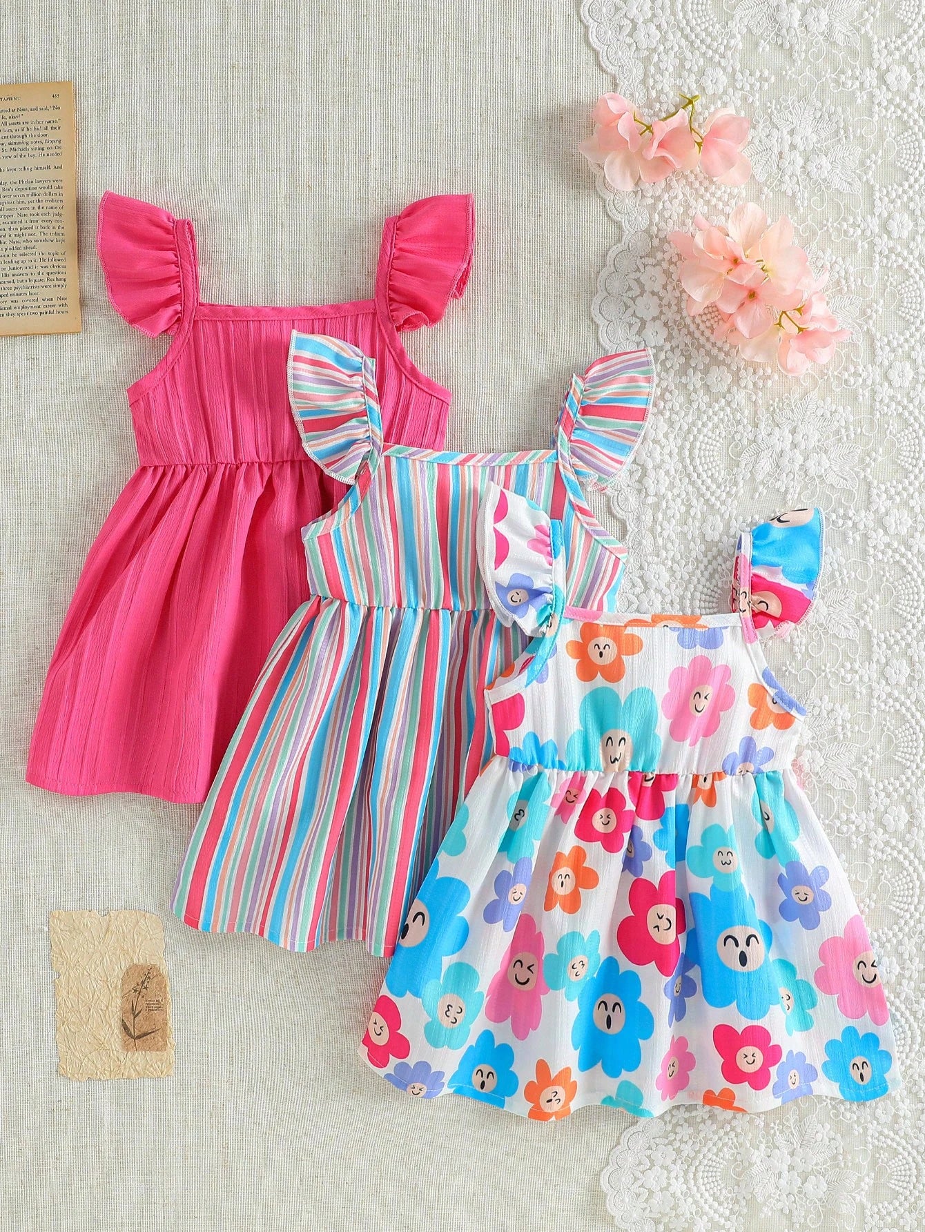 3pcs Baby Girl White Floral Summer Cute Holiday Ruffle Sleeve Dress Set Rainbow Striped Print & Solid Color Dress For Party Vacation & Daily Wear