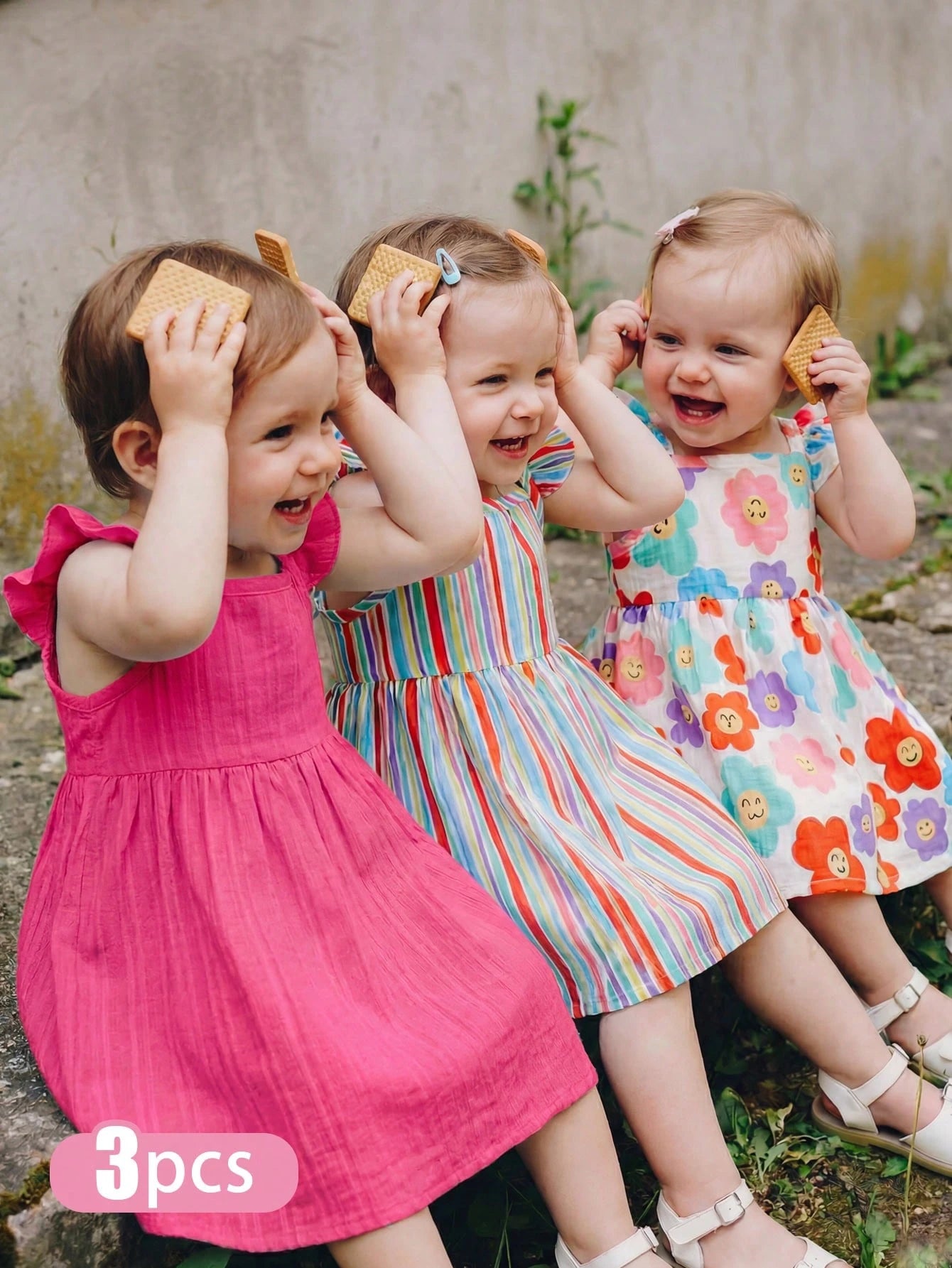 3pcs Baby Girl White Floral Summer Cute Holiday Ruffle Sleeve Dress Set Rainbow Striped Print & Solid Color Dress For Party Vacation & Daily Wear