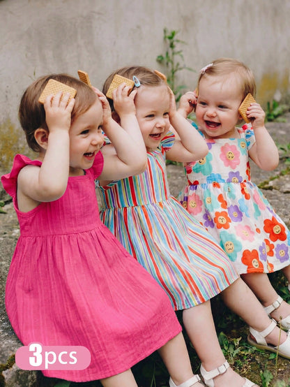 3pcs Baby Girl White Floral Summer Cute Holiday Ruffle Sleeve Dress Set Rainbow Striped Print & Solid Color Dress For Party Vacation & Daily Wear