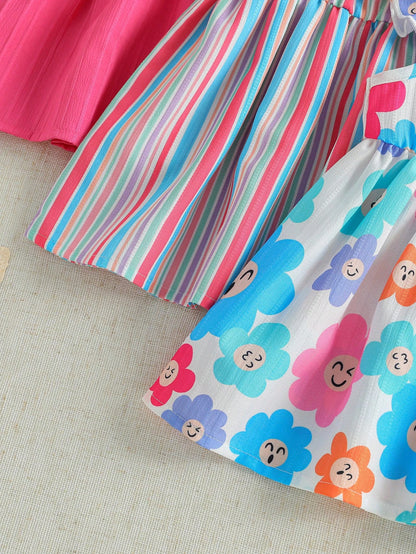 3pcs Baby Girl White Floral Summer Cute Holiday Ruffle Sleeve Dress Set Rainbow Striped Print & Solid Color Dress For Party Vacation & Daily Wear