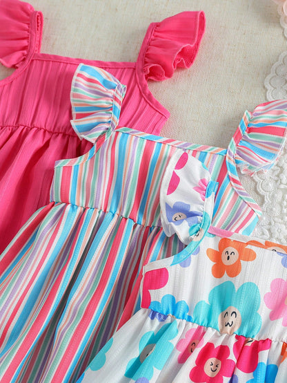 3pcs Baby Girl White Floral Summer Cute Holiday Ruffle Sleeve Dress Set Rainbow Striped Print & Solid Color Dress For Party Vacation & Daily Wear